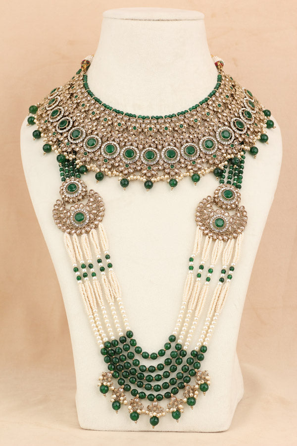 Bridal Set In Premium Quality With Polki And Green Stones In Mehndi Polish (BS003-G-Polki)