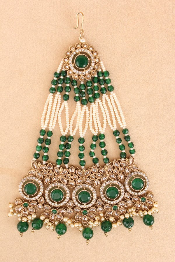 Bridal Set In Premium Quality With Polki And Green Stones In Mehndi Polish (BS003-G-Polki)