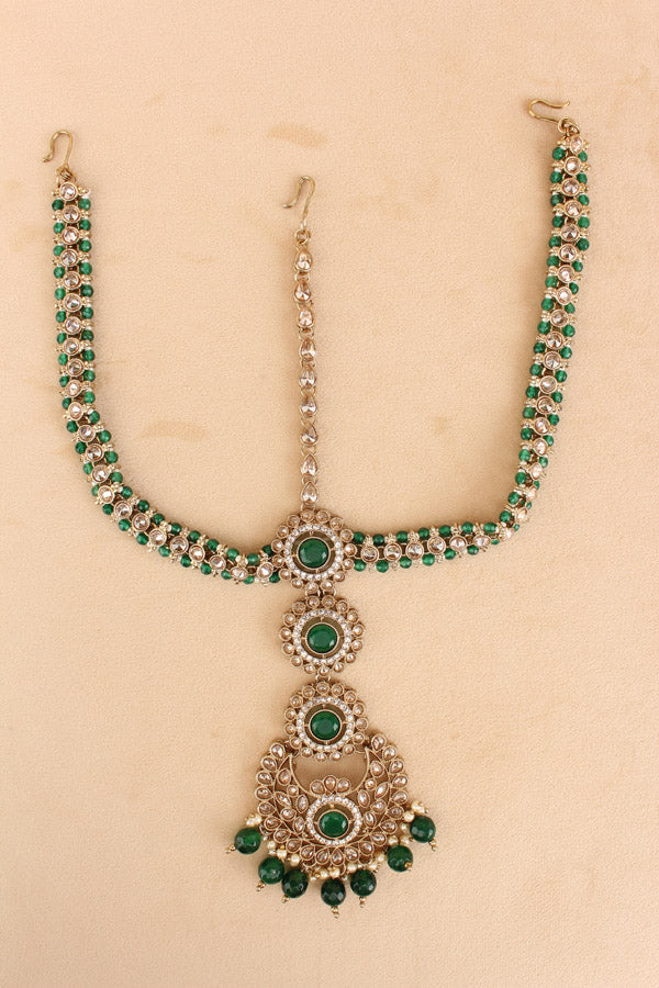 Bridal Set In Premium Quality With Polki And Green Stones In Mehndi Polish (BS003-G-Polki)