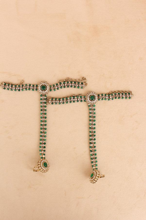Bridal Set In Premium Quality With Polki And Green Stones In Mehndi Polish (BS003-G-Polki)