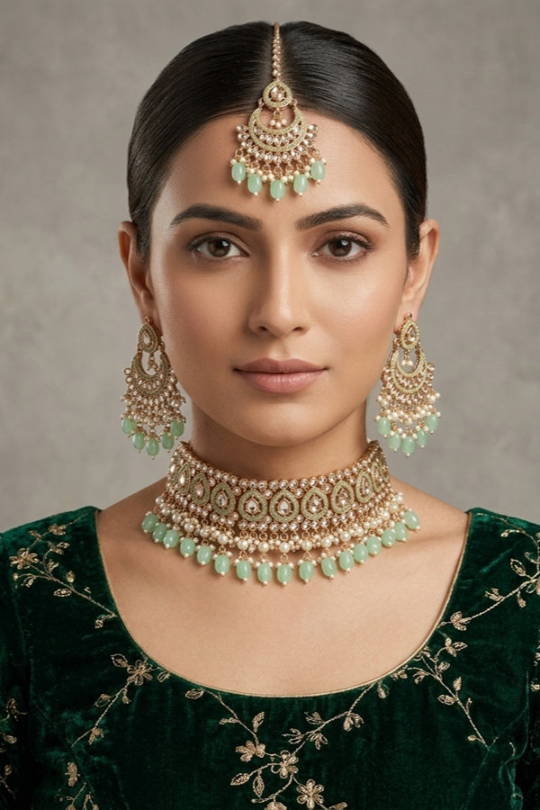 Light Green Gold Polish Polki Choker With Large Earrings And Tikka
