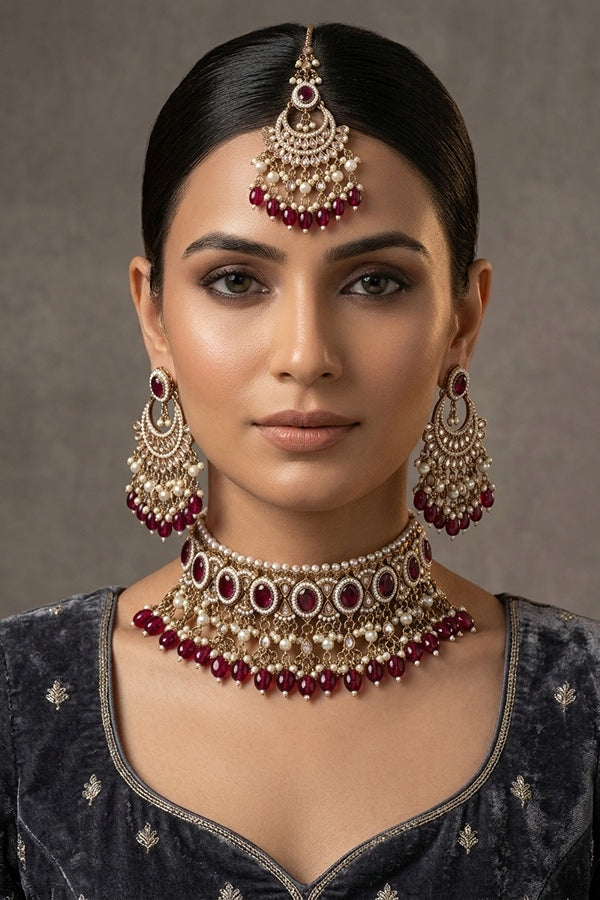 Burgendy Mehndi Polish Polki Choker With Pearls Large Earrings And Tikka