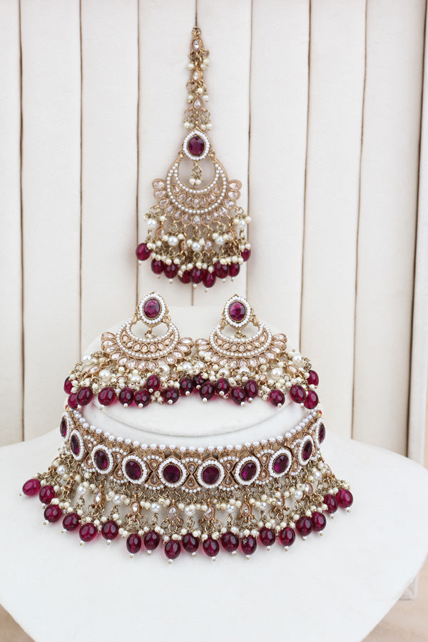 Burgendy Mehndi Polish Polki Choker With Pearls Large Earrings And Tikka (CS010-BU-MP-Polki)