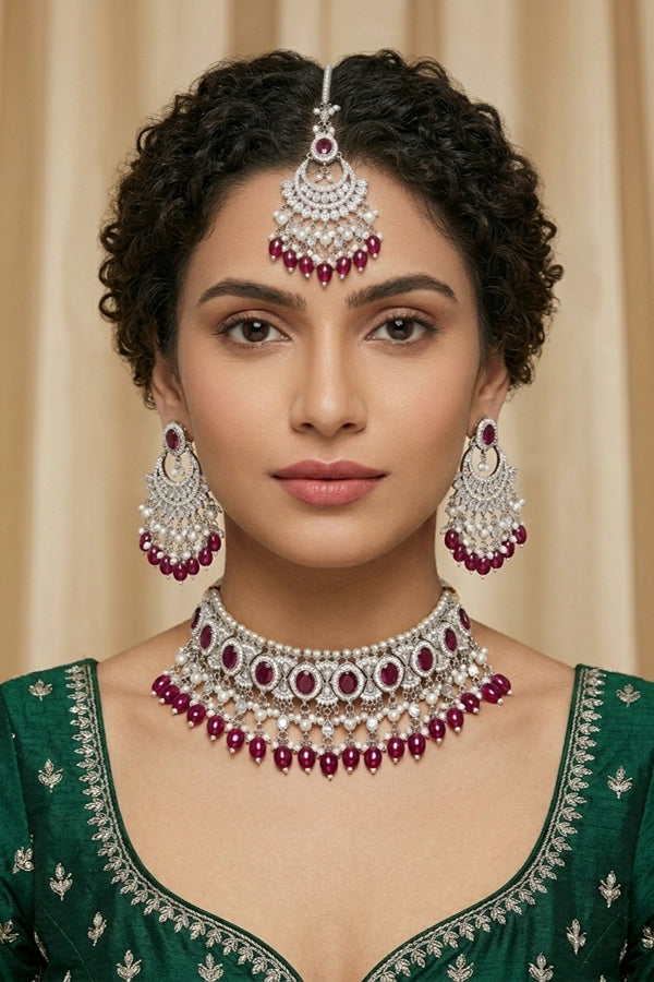 Burgendy Silver Polish Polki Choker With Pearls Large Earrings And Tikka