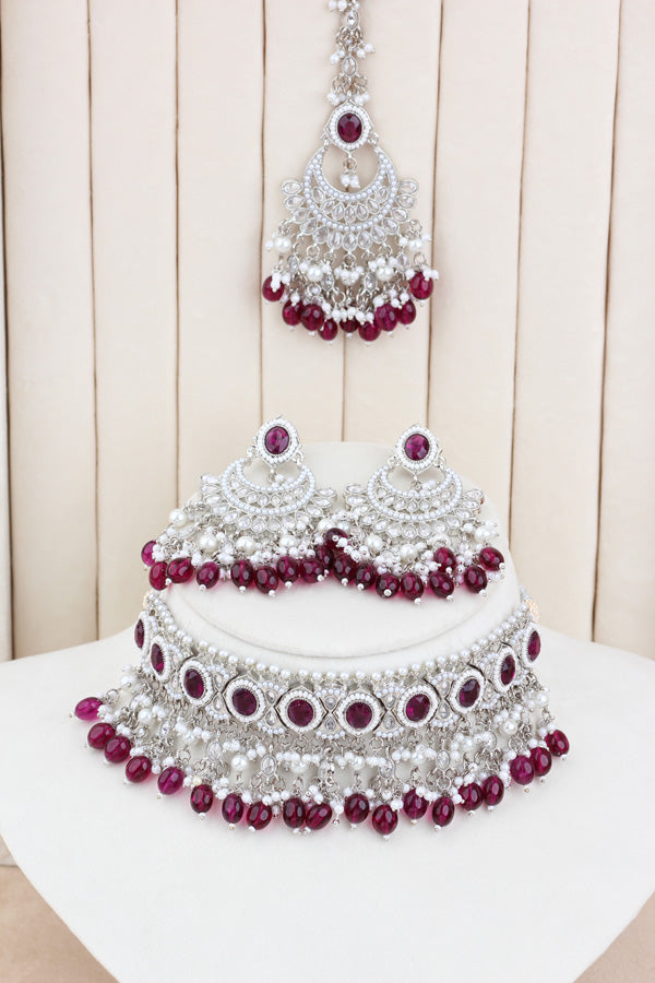 Burgendy Silver Polish Polki Choker With Pearls Large Earrings And Tikka (CS010-BU-SP-Polki)