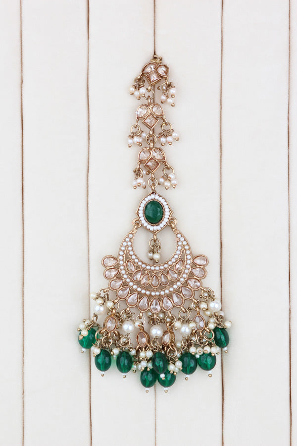 Green Mehndi Polish Polki Choker With Pearls Large Earrings And Tikka (CS010-G-MP-Polki)