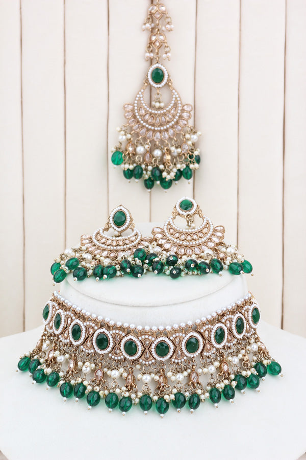Green Mehndi Polish Polki Choker With Pearls Large Earrings And Tikka (CS010-G-MP-Polki)
