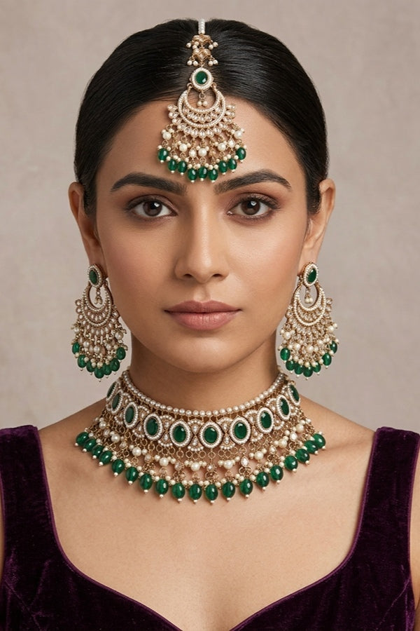 Green Mehndi Polish Polki Choker With Pearls Large Earrings And Tikka