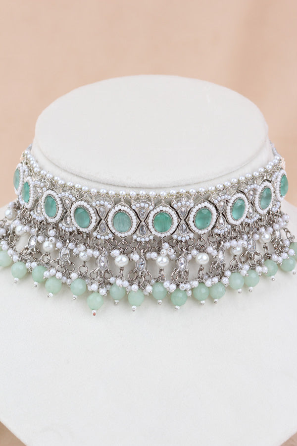 Light Green Silver Polish Polki Choker With Pearls Large Earrings And Tikka (CS010-LG-SP-Polki)