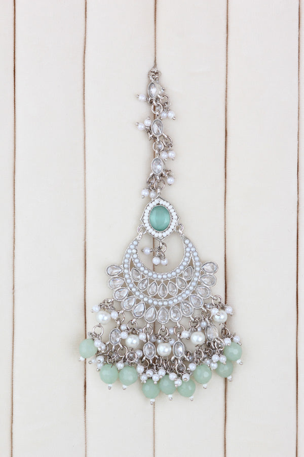 Light Green Silver Polish Polki Choker With Pearls Large Earrings And Tikka (CS010-LG-SP-Polki)
