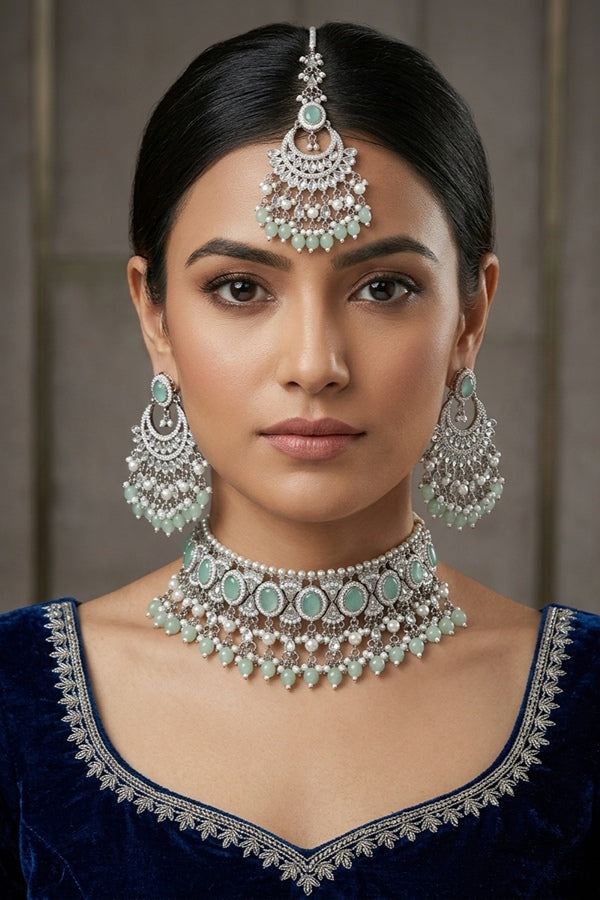 Light Green Silver Polish Polki Choker With Pearls Large Earrings And Tikka