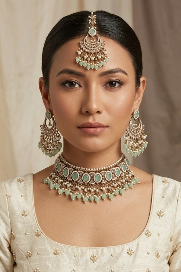 Mint Green Mehndi Polish Polki Choker With Pearls Large Earrings And Tikka