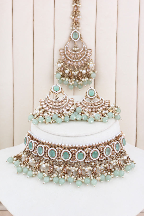 Mint Green Mehndi Polish Polki Choker With Pearls Large Earrings And Tikka (CS010-MG-MP-Polki)