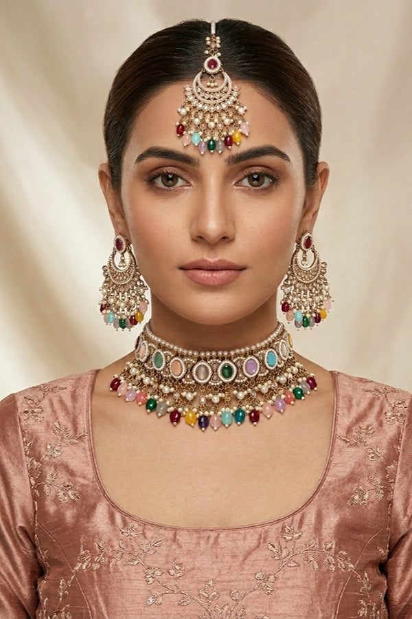 Multi Gold Polish Polki Choker With Pearls Large Earrings And Tikka