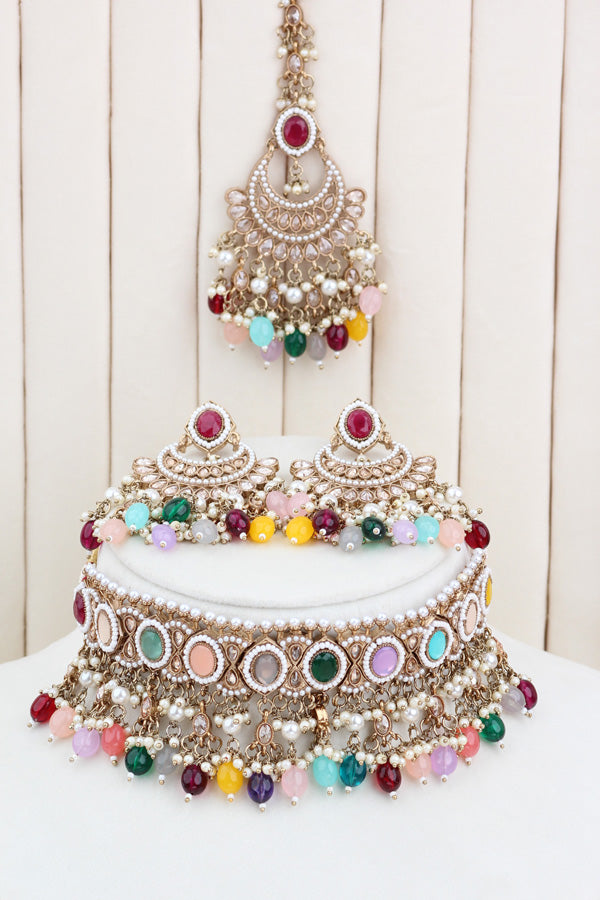 Multi Gold Polish Polki Choker With Pearls Large Earrings And Tikka (CS010-MU-GP-Polki)