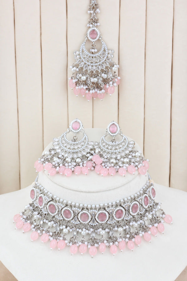 Pink Silver Polish Polki Choker With Pearls Large Earrings And Tikka (CS010-P-SP-Polki)
