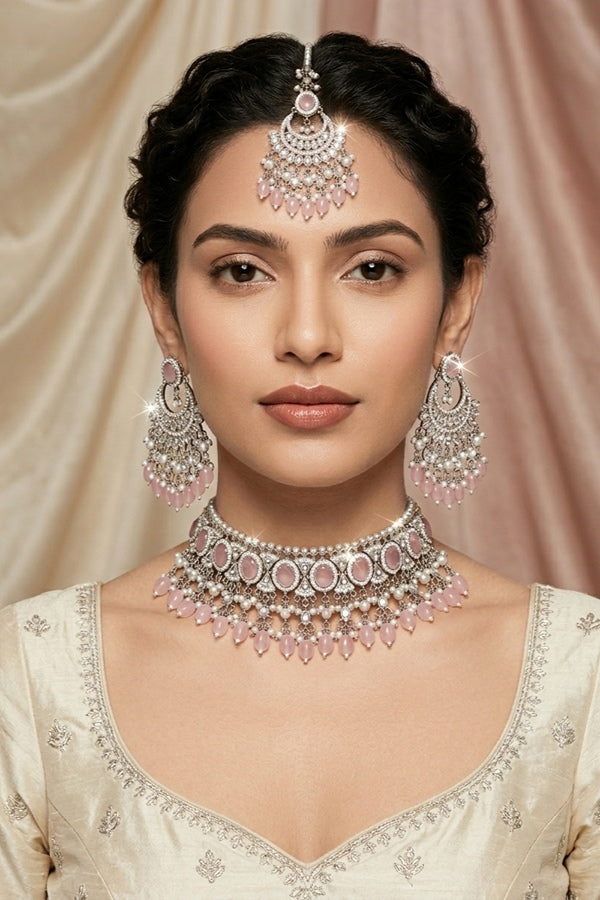 Pink Silver Polish Polki Choker With Pearls Large Earrings And Tikka