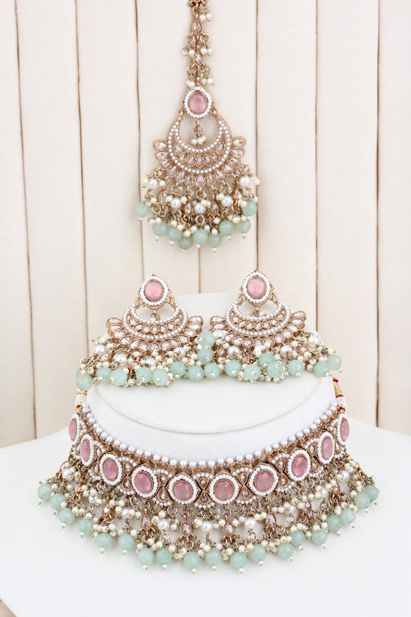 Pink | Light Green Gold Polish Polki Choker With Pearls Large Earrings And Tikka (CS010-PG-GP-Polki)
