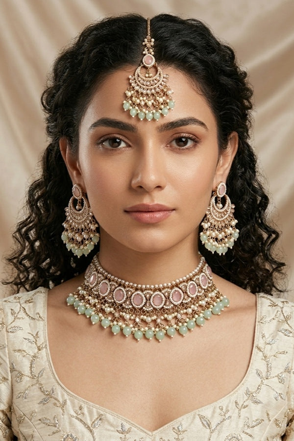 Pink | Light Green Gold Polish Polki Choker With Pearls Large Earrings And Tikka