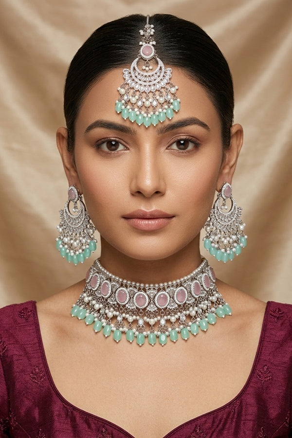 Pink | Light Green Silver Polish Polki Choker With Pearls Large Earrings And Tikka