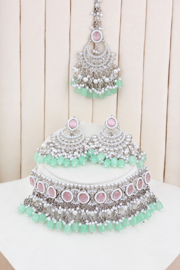 Pink | Light Green Silver Polish Polki Choker With Pearls Large Earrings And Tikka (CS010-PLG-SP-Polki)