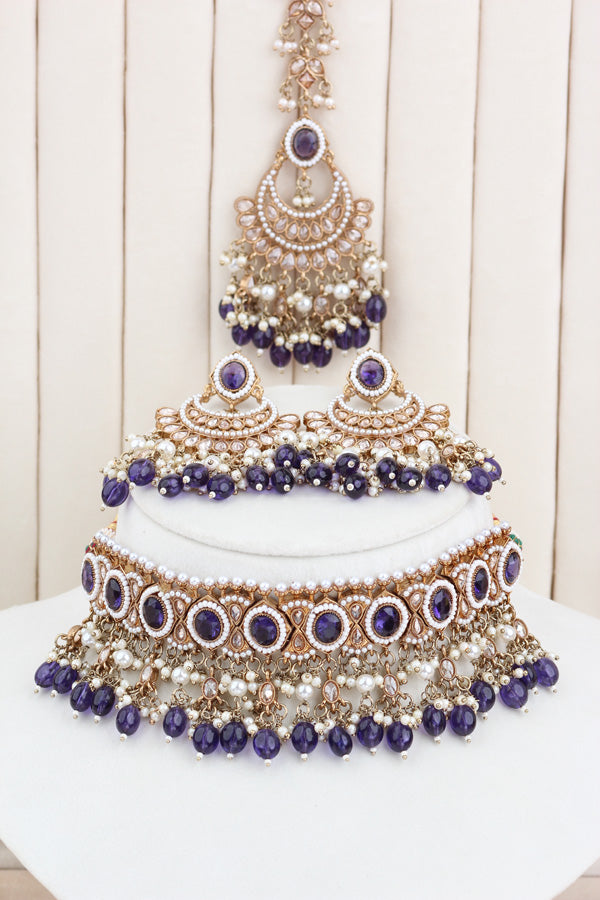 Purple Mehndi Polish Polki Choker With Pearls Large Earrings And Tikka (CS010-PU-MP-Polki)