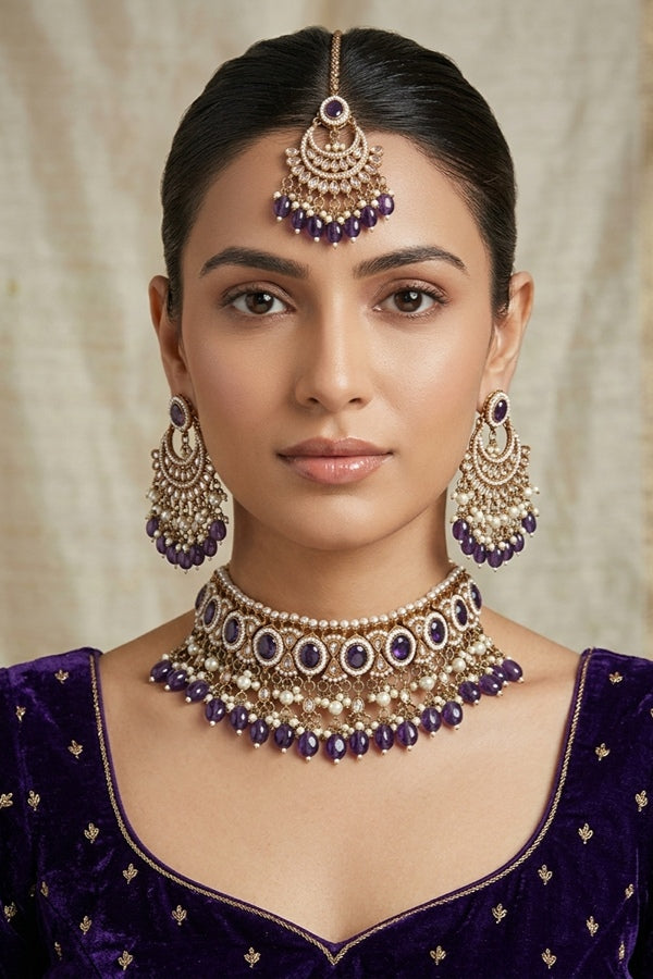 Purple Mehndi Polish Polki Choker With Pearls Large Earrings And Tikka 