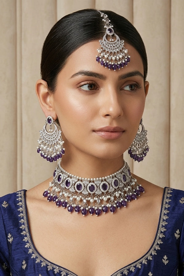 Purple Silver Polish Polki Choker With Pearls Large Earrings And Tikka