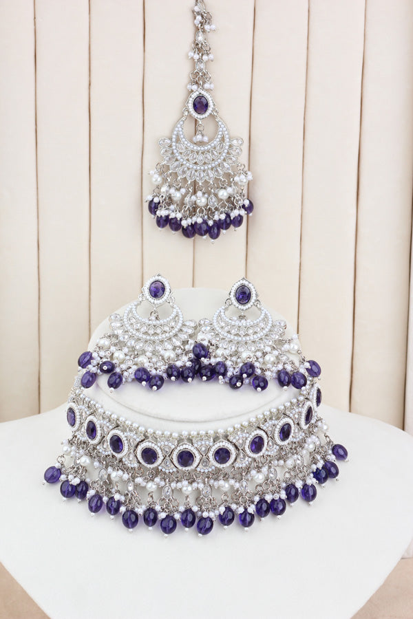 Purple Silver Polish Polki Choker With Pearls Large Earrings And Tikka (CS010-PU-SP-Polki)