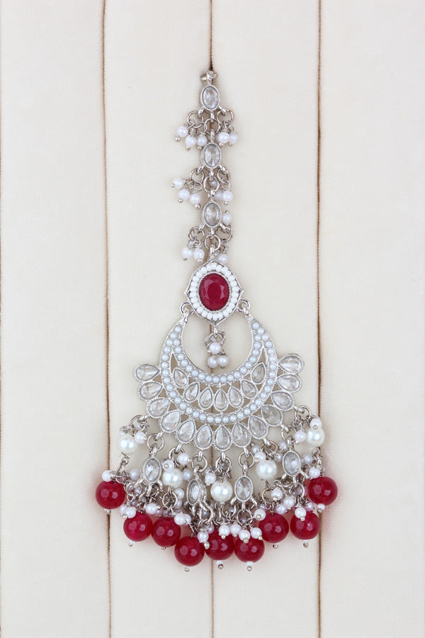 Red Silver Polish Polki Choker With Pearls Large Earrings And Tikka (CS010-R-SP-Polki)