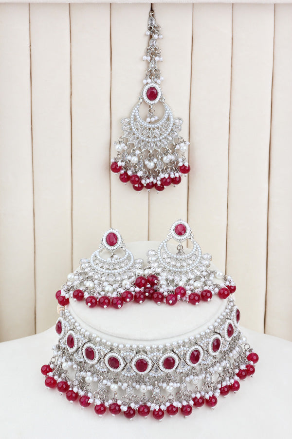 Red Silver Polish Polki Choker With Pearls Large Earrings And Tikka (CS010-R-SP-Polki)