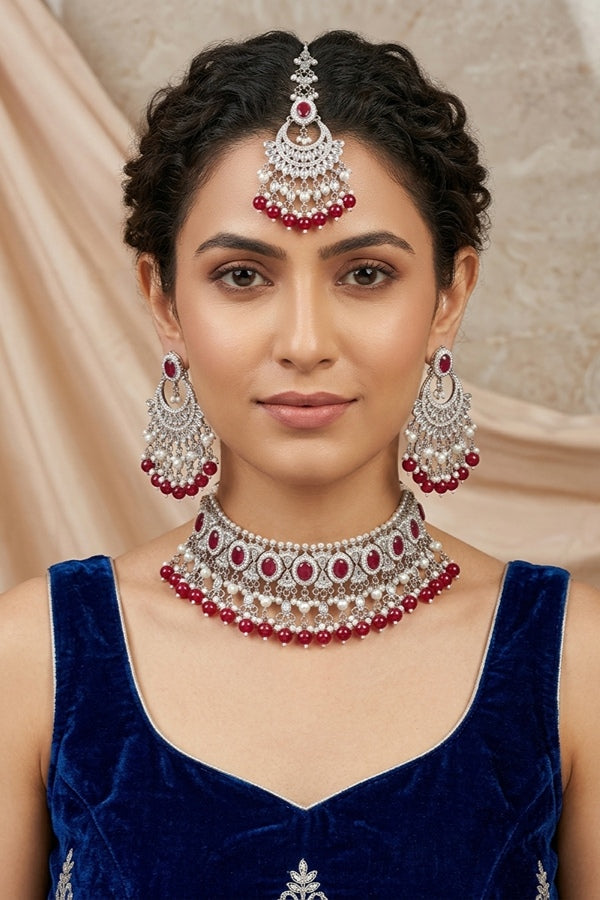 Red Silver Polish Polki Choker With Pearls Large Earrings And Tikka 