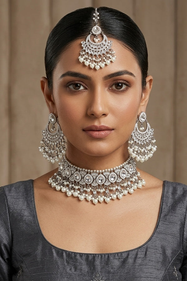 White Silver Polish Polki Choker With Pearls Large Earrings And Tikka