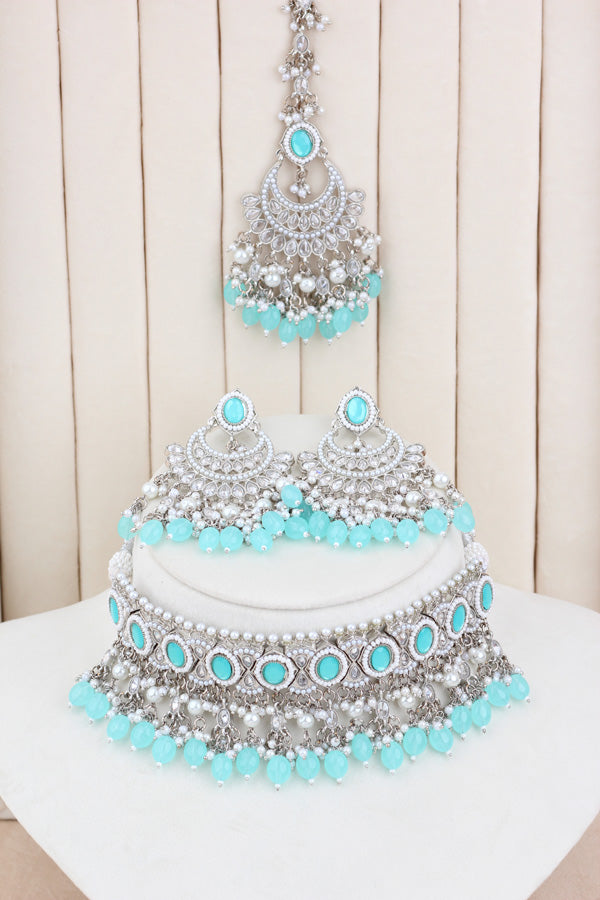Sky Blue Silver Polish Polki Choker With Pearls Large Earrings And Tikka (CS010-SB-SP-Polki)