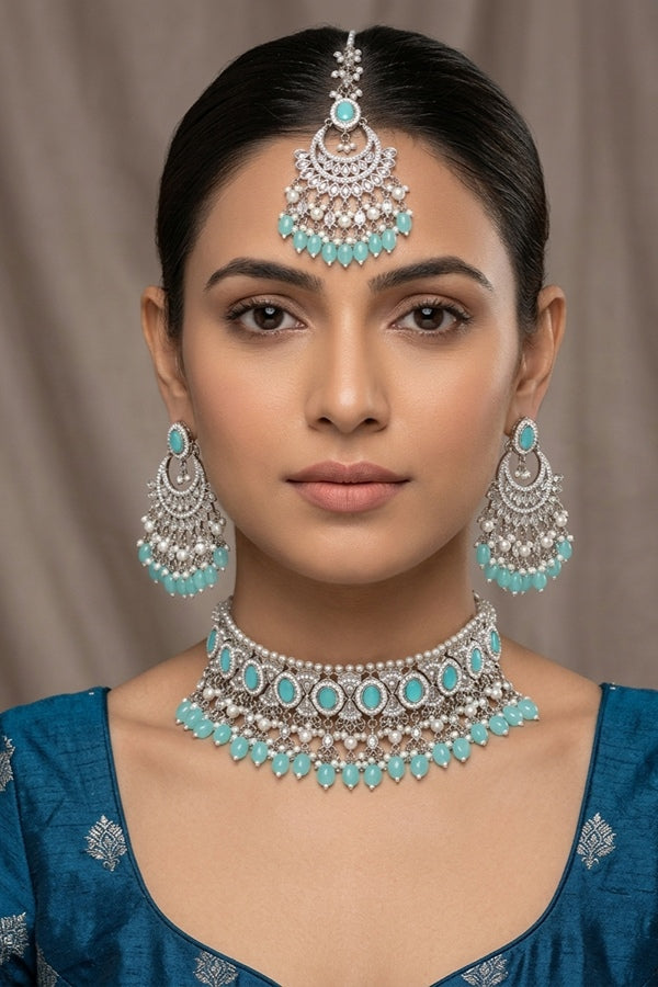 Sky Blue Silver Polish Polki Choker With Pearls Large Earrings And Tikka