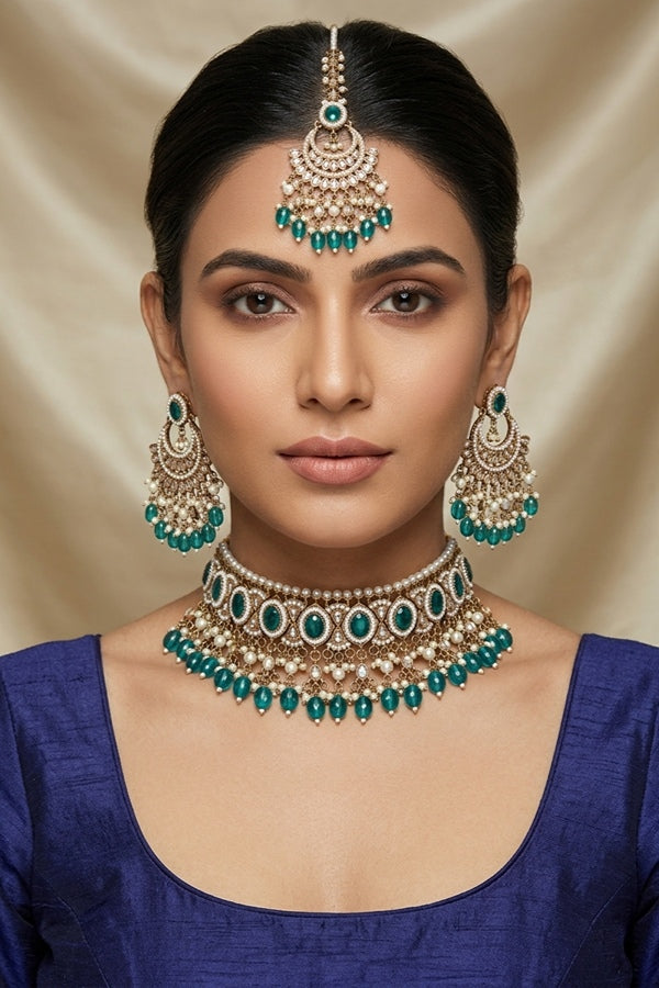 Turquoise Green Mehndi Polish Polki Choker With Pearls Large Earrings And Tikka