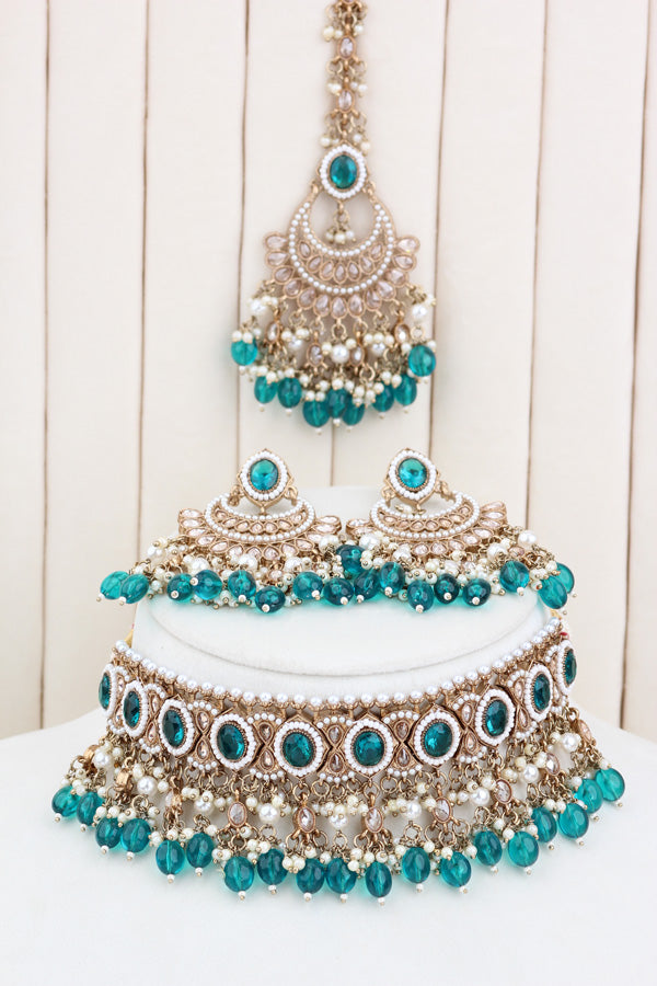 Turquoise Green Mehndi Polish Polki Choker With Pearls Large Earrings And Tikka (CS010-TG-MP-Polki)