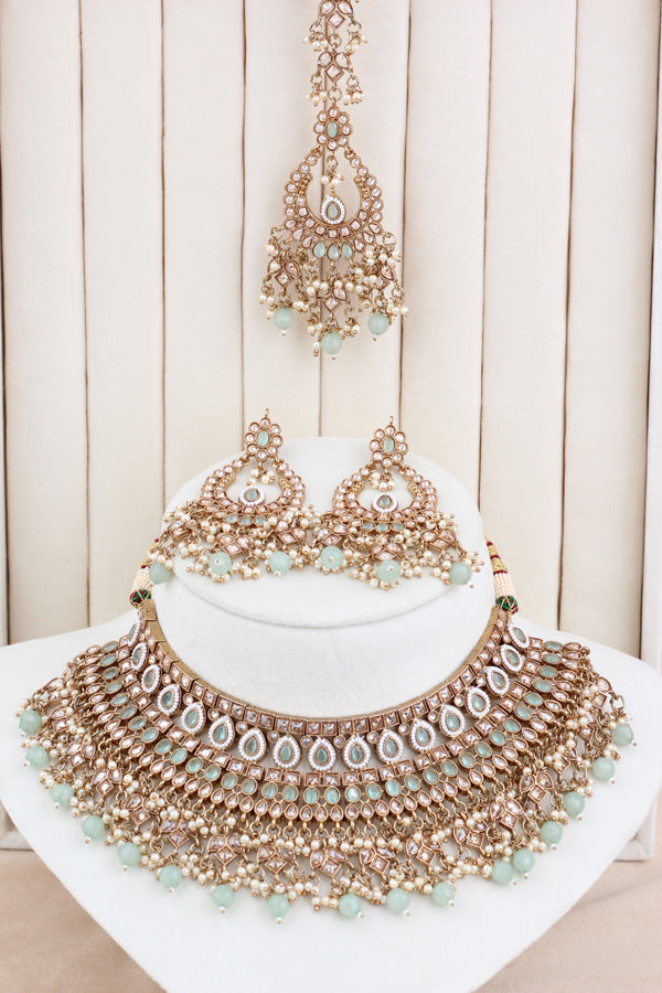 Light Green Statement Polki Choker With Large Earrings And Tikka (CS011-LG-MP-Polki)