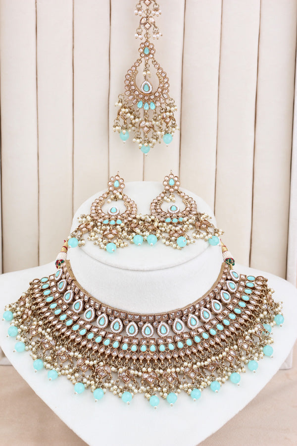 Sky Blue Statement Polki Choker With Large Earrings And Tikka (CS011-SB-MP-Polki)