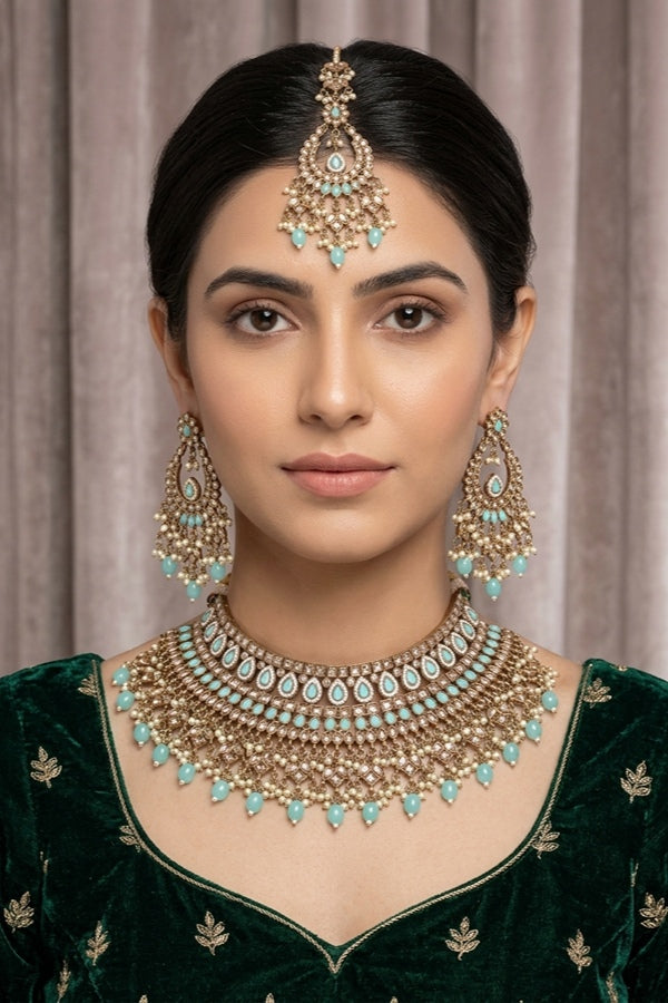 Sky Blue Statement Polki Choker With Large Earrings And Tikka