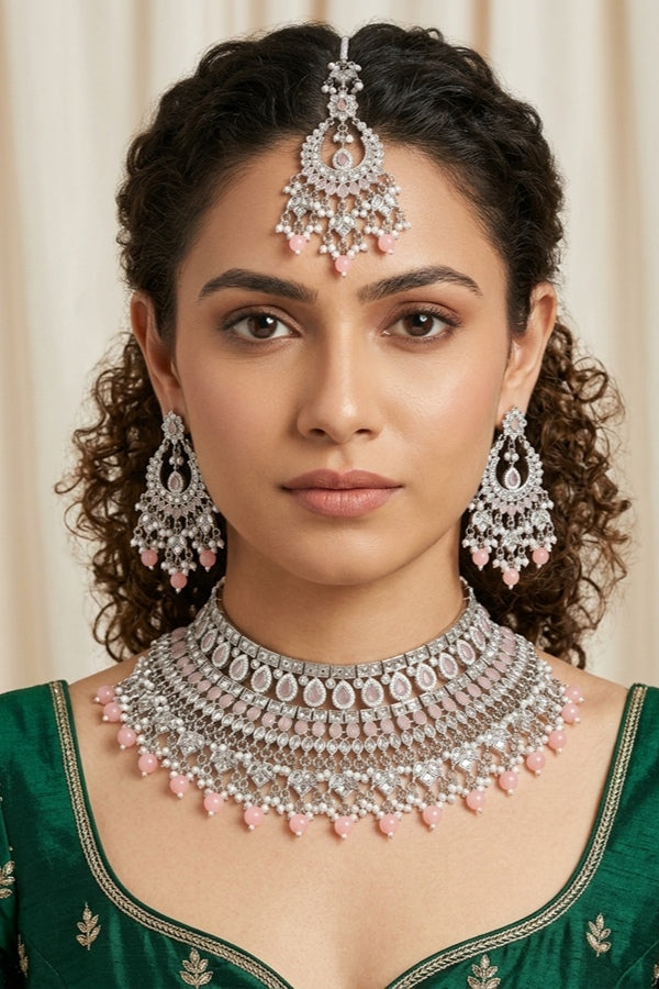 Pink Statement Polki Choker With Large Earrings And Tikka