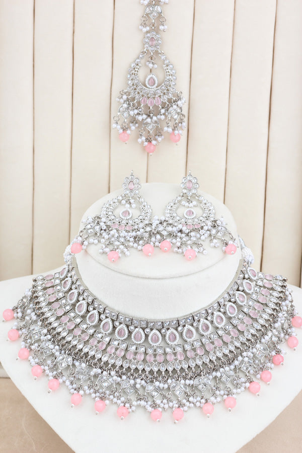 Pink Statement Polki Choker With Large Earrings And Tikka (CS011-P-SP-Polki)
