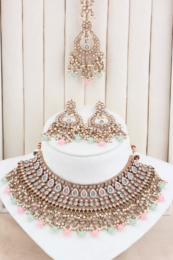 Pink | Light Green Statement Polki Choker With Large Earrings And Tikka (CS011-PLG-MP-Polki)
