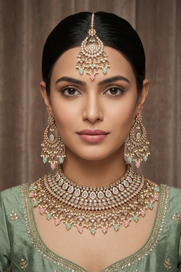 Pink | Light Green Statement Polki Choker With Large Earrings And Tikka