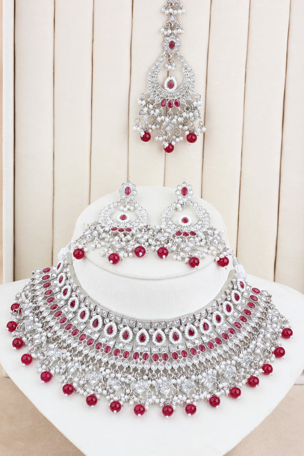 Red Statement Polki Choker With Large Earrings And Tikka (CS011-R-SP-Polki)