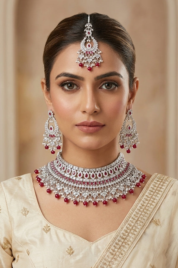 Red Statement Polki Choker With Large Earrings And Tikka