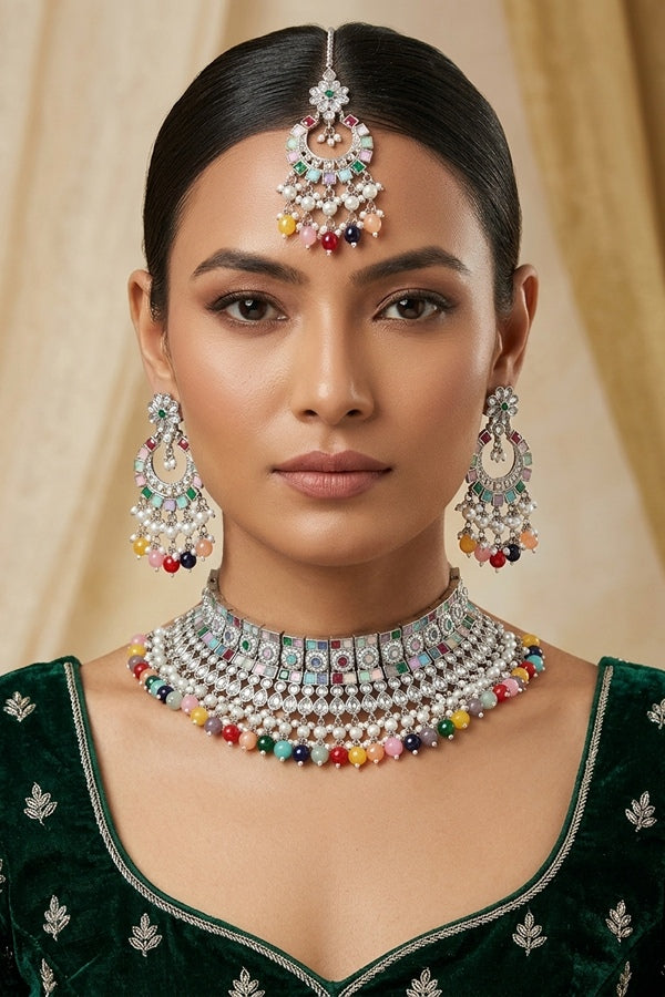 Multi Silver Polish Polki Choker With Large Earrings And Tikka