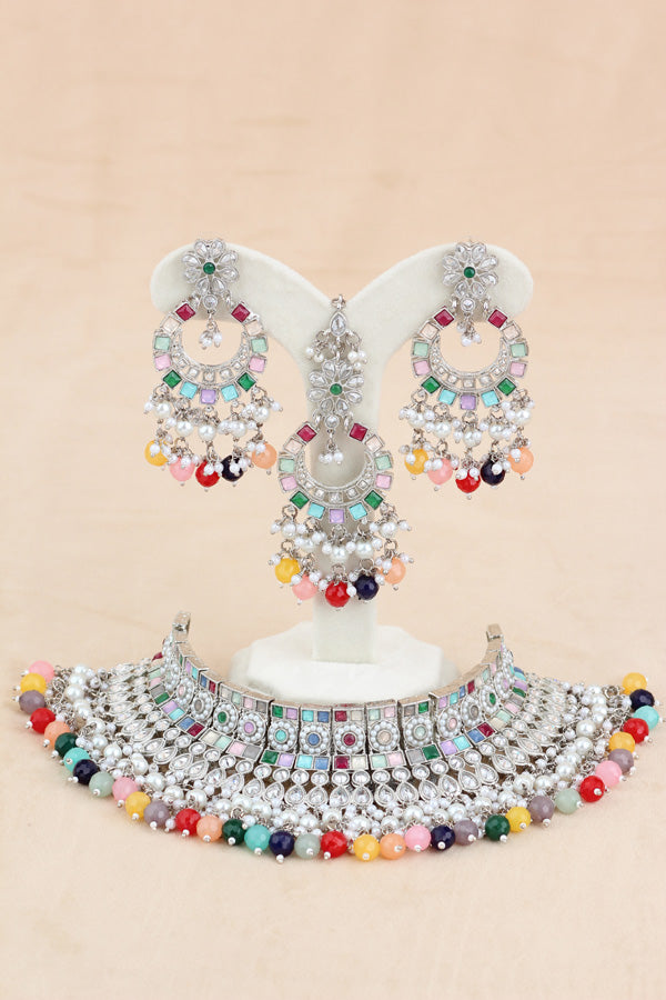 Multi Silver Polish Polki Choker With Large Earrings And Tikka (CS012-MU-SP-Polki)