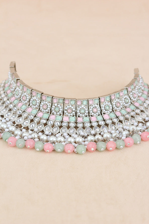 Pink | Light Green Silver Polish Polki Choker With Large Earrings And Tikka (CS012-PG-SP-Polki)