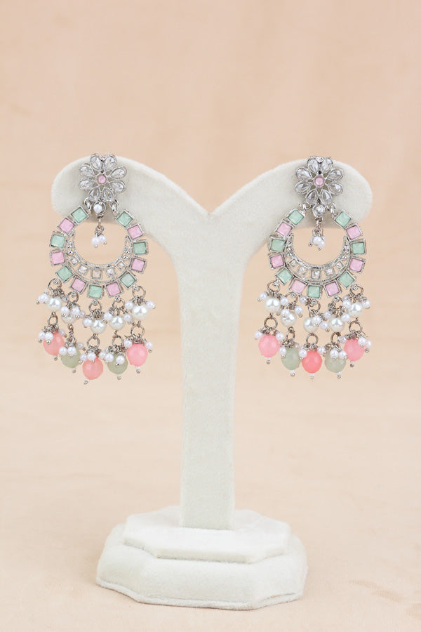 Pink | Light Green Silver Polish Polki Choker With Large Earrings And Tikka (CS012-PG-SP-Polki)